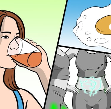 a woman drinking a cup of juice with an egg and an image of a female's abdomen