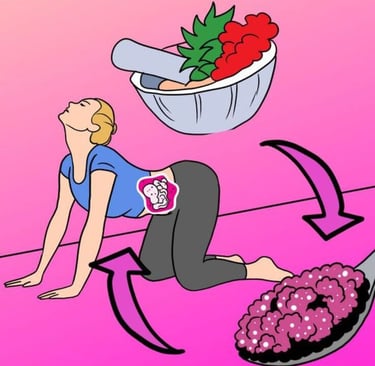 a woman doing a yoga/ cow pose with a bowl of fruit
