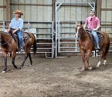 two horseback riders in an arena