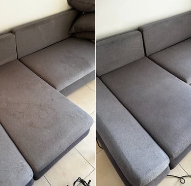 nettoyage de canapé : canapé taché avant, canapé propre après