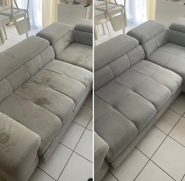 nettoyage de canapé : avant (taché et sale) après (propre sans tache)