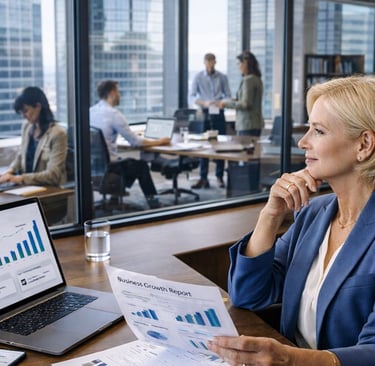 Business leader reviewing growth, leads, and business performance while overseeing a busy team