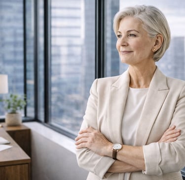 Confident business woman in a high-end office representing the results of strong brand strategy, clear brand positioning