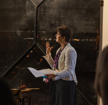 Dorchess speaking at an Awe Academy art experience