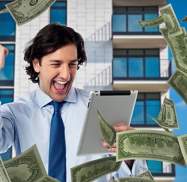 Happy man with lots of money 