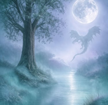 Full Moon, the ash tree and the air dragon in misty teal background
