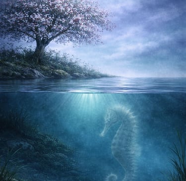 Picture of a seahorse, under the new moon next to a hawthorn tree
