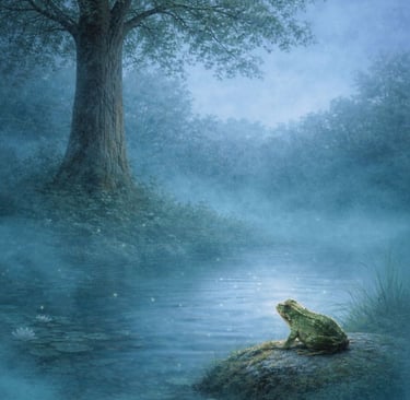 The Path Now, image of the ash tree under the new moon and a frog. 