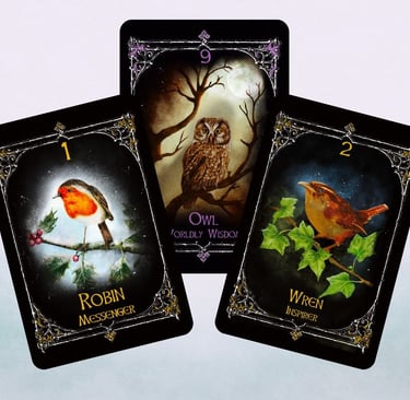 Animal Spirit Oracle Twilight air suit cards displayed together, the wren, robin and owl.