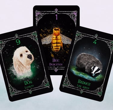 Animal Spirit Oracle Twilight earth suit cards displayed together, Dog, Bee and Badger