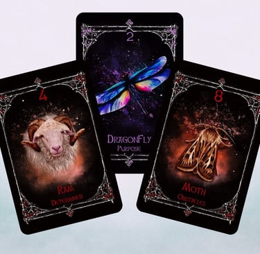 Animal Spirit Oracle Twilight fire suit cards displayed together, ram, dragonfly and moth.