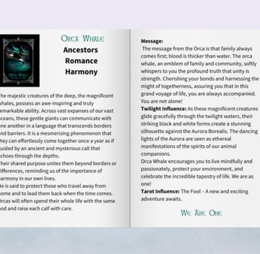 Animal Spirit Oracle Twilight guidebook open on the Orca Whale page.