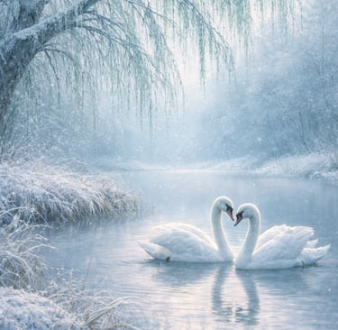 new moon in willow, 2 swans on a lake