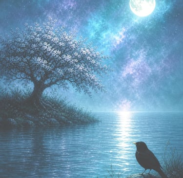 Hawthorn Tree, blackbird, full moon, in teals and purple, on the path now
