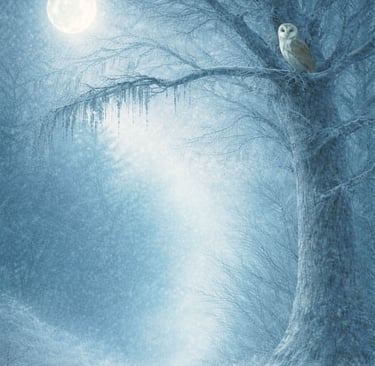 Full moon over an alder tree with owl, representing The Path Now.