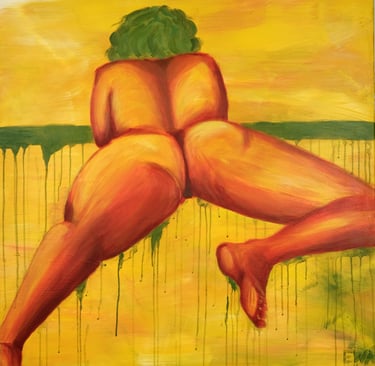 naked woman painting in yellow and green