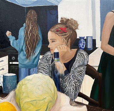 artwork of a woman sitting at a table 