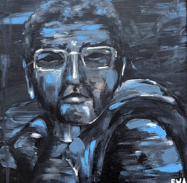 a painting of a man with glasses looking into the world