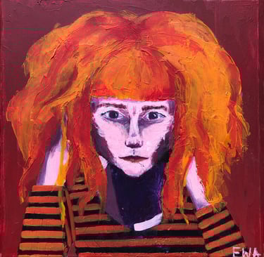 a painting of a woman with red hair and a striped shirt