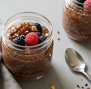 Cacao Chia Pudding in a glass jar with natural berries