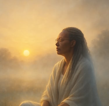 African American woman outside sitting in stillness as the sun rose.