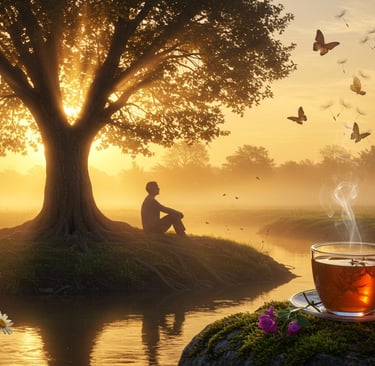 Zen peaceful space, person sitting under a tree with a cup of herbal tea cooling in the distance.