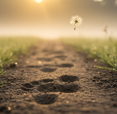 "Bare foot grounding into soil as a dandelion seed carries hope upward—symbolizing grief’s journey b