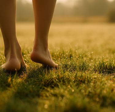 Barefoot on green grass grounding and connecting to mother earth.