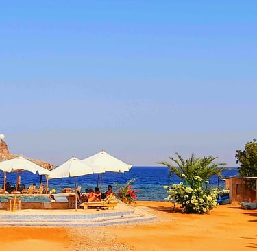 una spiaggia con ombrelloni e una piscina con gente sulla sabbia