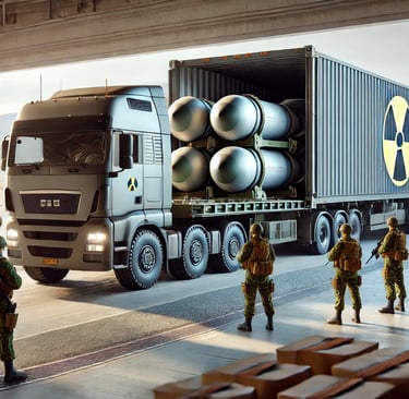 Camion y grupo de sodados con armas nucleares.