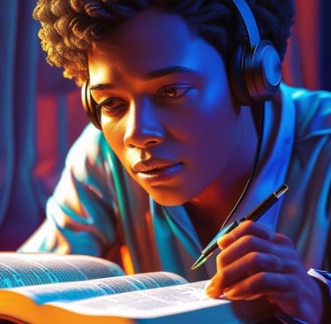 Un jeune homme à la peau foncé écoute un podcast biblique. Les yeux sur la bible et stylo en main.