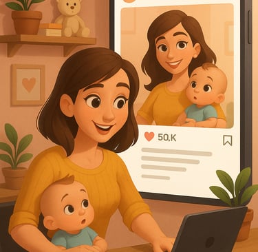 Mom influencer working on a laptop with baby on her lap, featured on social media with 50K likes – p
