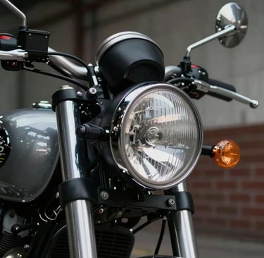 A sharp, close-up photograph of a vintage motorcycle headlight and handlebars in a Global / Western industrial loft. The lighting creates strong reflections in Silver Grey on the chrome, contrasted against deep Jet Black shadows, exuding an edgy and professional mood.