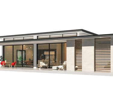 Une maison avec une grande porte vitrée et un espace patio.