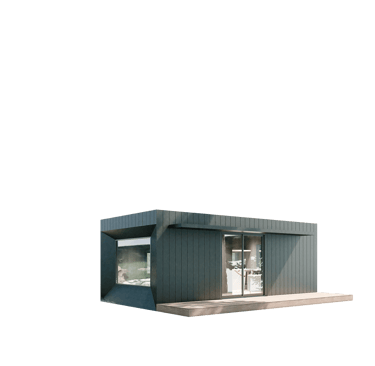 a small house with a large window and a small window