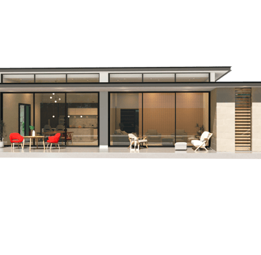 Une maison avec une grande porte en verre et un espace patio