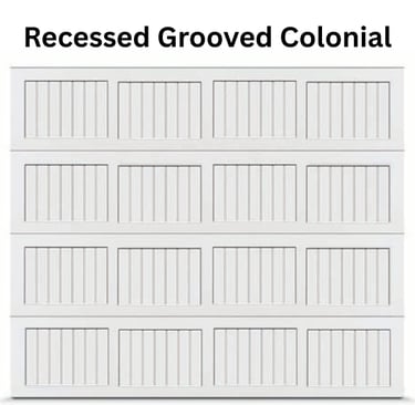 White recessed grooved colonial style sectional garage door with decorative vertical panels.