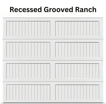 White recessed grooved ranch style garage door with vertical panel textures.