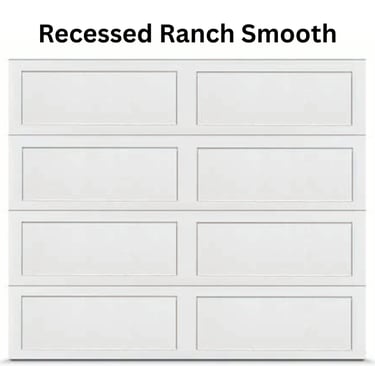 A Recessed Ranch Smooth style white sectional garage door featuring eight long rectangular panels.