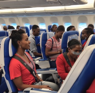 Happy traveler with luggage standing in front of a plane ready to board.