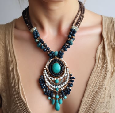 Collar de piedras preciosas naturales sobre el cuello de una mujer joven