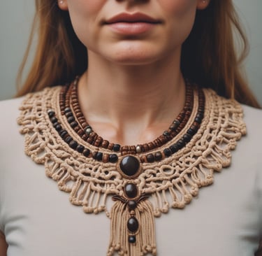 Collar beige de macramé con piedras cafés y negras