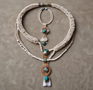 Collar hecho a mano con cuentas y piedras preciosas de turquesa y jaspe sobre un fondo neutro.