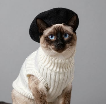 Un elegante gato siamés de ojos azules que lleva una boina negra y un sueter blanco