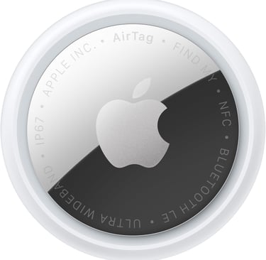 White and silver Apple AirTag tracking device with logo, Bluetooth, and NFC details.