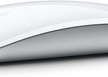 Sleek silver and white Apple Magic Mouse showing its ergonomic wireless design.