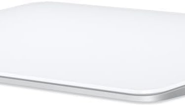 Sleek wireless silver and white magic trackpad with a smooth glass surface for computer navigation.