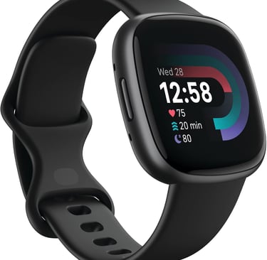 Black fitness tracker smartwatch with digital display showing heart rate and sleep data.