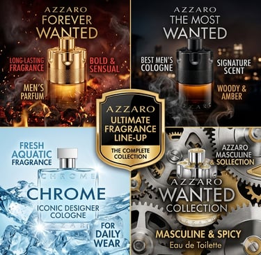 Azzaro men's fragrance collection featuring Forever Wanted, The Most Wanted, Chrome, and Wanted perfumes.