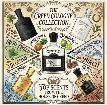 Illustrated Creed Cologne Collection featuring Aventus, Green Irish Tweed, and Silver Mountain Water perfume bottles.